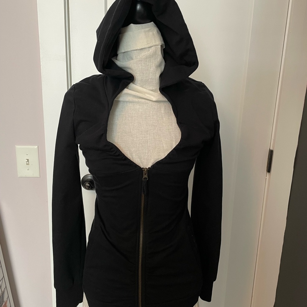 Vintage Miss Sixty Black Hooded Zip-Up Jacket with Unique Chest Cutout